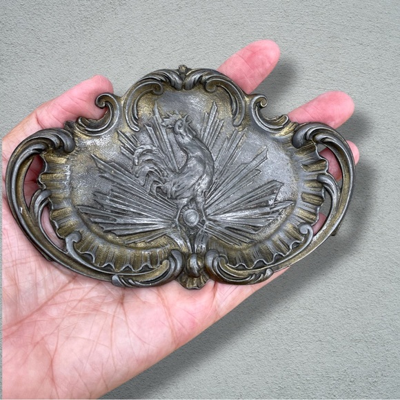 Vintage French Gallic Rooster Coq Gaulois Silver-tone Metal Ashtray Trinket Dish
